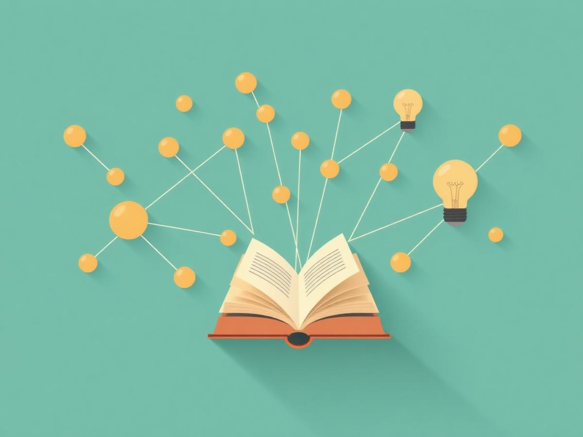 Ilustración de una red de nodos que conecta libros e ideas