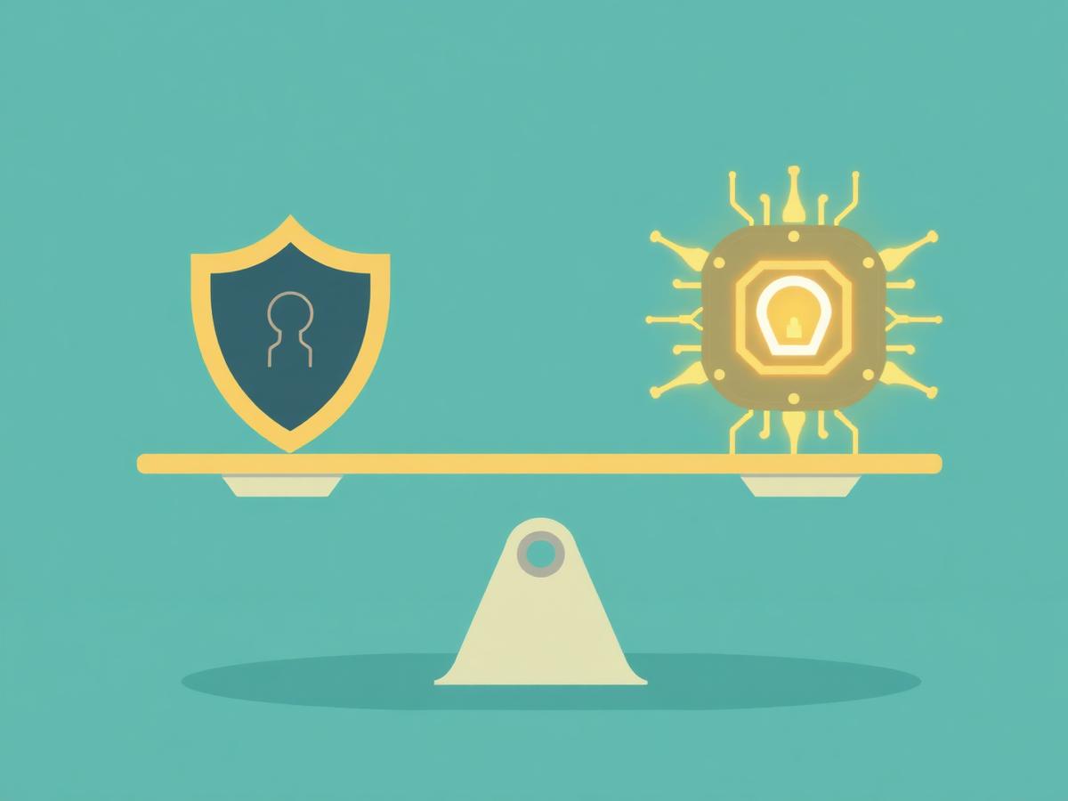 Balanza que equilibra un escudo de privacidad y un chip de inteligencia artificial